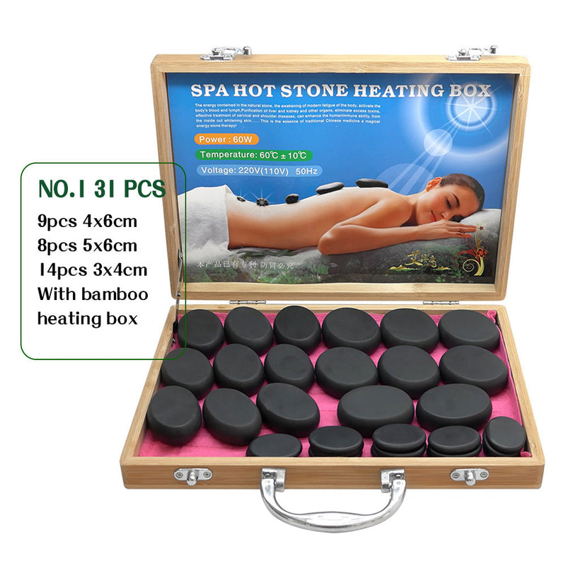 Tontin 31pcs/set hot stone massage set tool basalt massage stones 220V/110V bamboo heater box CE ROHS Round stone massager