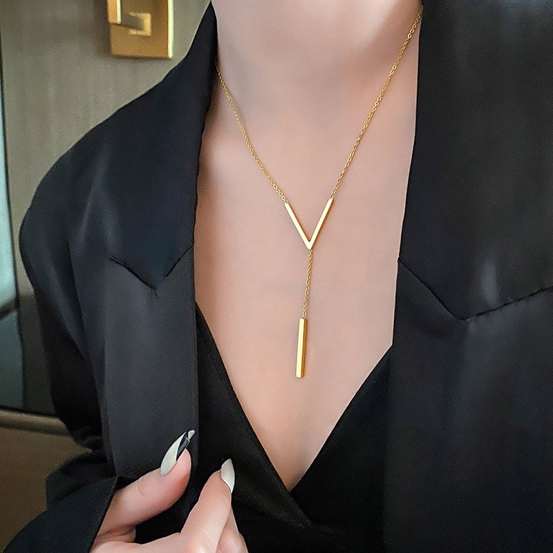 Stainless steel V-shaped long sexy Clavicle Necklace Ladies and girls stainless steel Gold colour chain Necklace  Party jewelry
