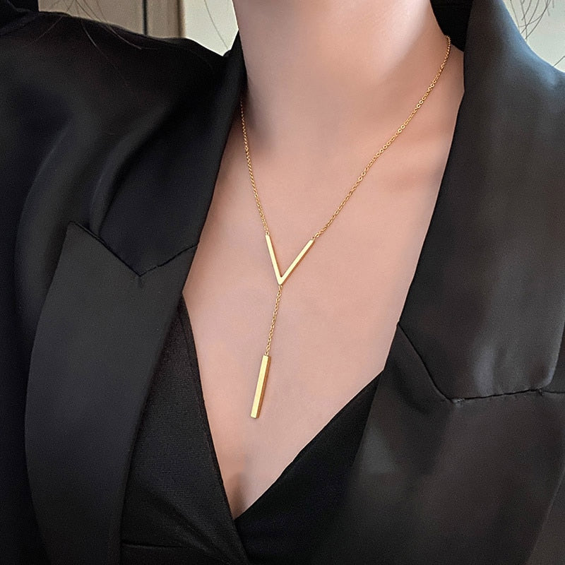 Stainless steel V-shaped long sexy Clavicle Necklace