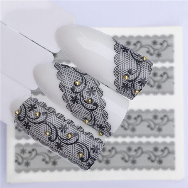 Nails Water Transfer Nail Art Stickers Decals Black Lace Flowers Design DIY