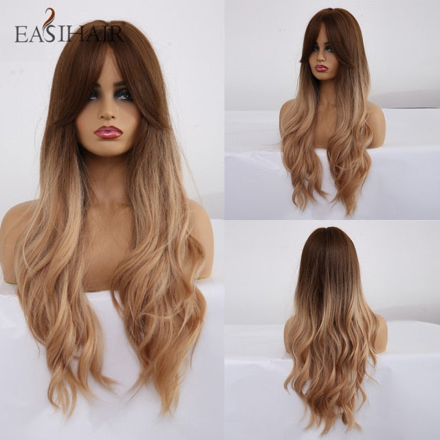 EASIHAIR Long Brown Ombre Synthetic Women Wigs