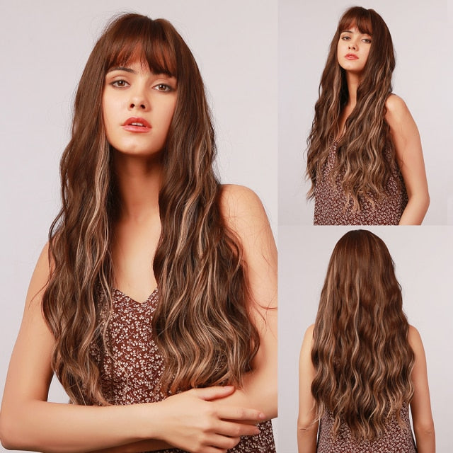 Long Body Wave Ombre Brown Pink Synthetic Wig